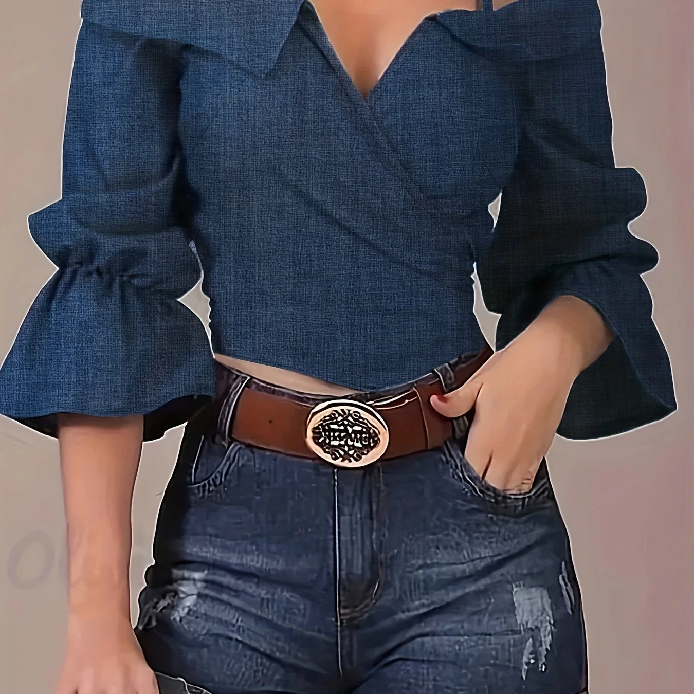 deanwangkt Solid Spaghetti Strap Blouse, Casual Bell Sleeve Surplice Neck Blouse, Women's Clothing - Deanwangkt