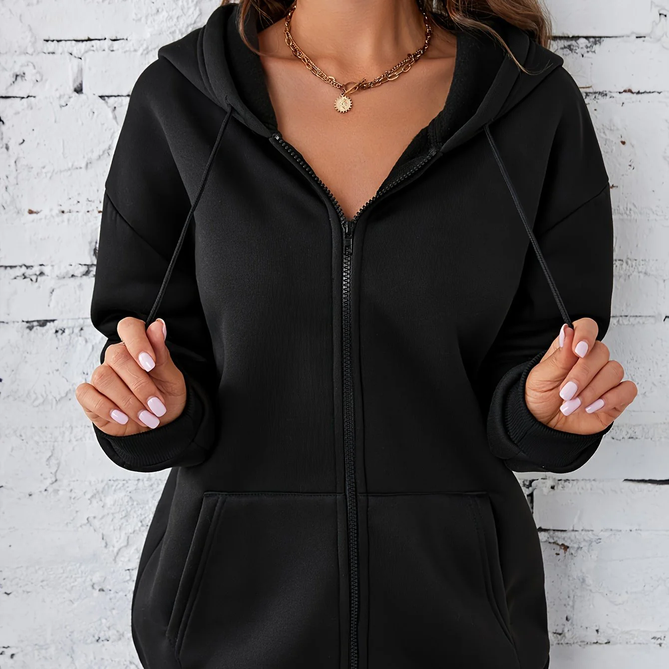 deanwangkt-1  Plain Long Sleeves Hooded Sweatshirt Jacket, Full Zipper Long Sleeves Fleece Liner Sporty Coat, Women's Activewear - Deanwangkt