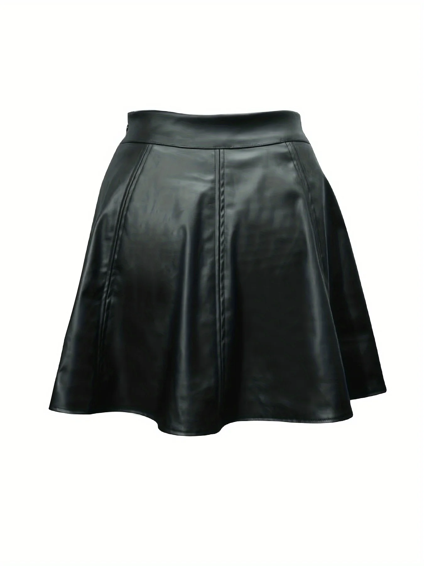 deanwangkt-1 Faux Leather Solid Flared Skirt, Elegant High Waist Mini Skirt, Women's Clothing - Deanwangkt