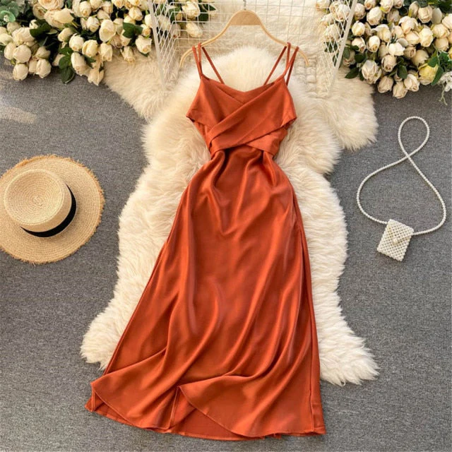 Women Sexy Satin Evening Dress Summer Off Shoulder High Waist Party Long Dresses Female Elegant Beach Robe Vestidos - Deanwangkt