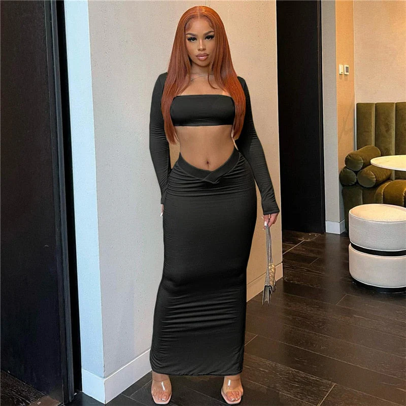 BACK TO COLLEGE    Fashion Women's 2 Piece Set Square Collar Long Sleeve Cropped T-shirt Low Waist Skirts Night Club Outfit Party Dress Suit Black - Deanwangkt