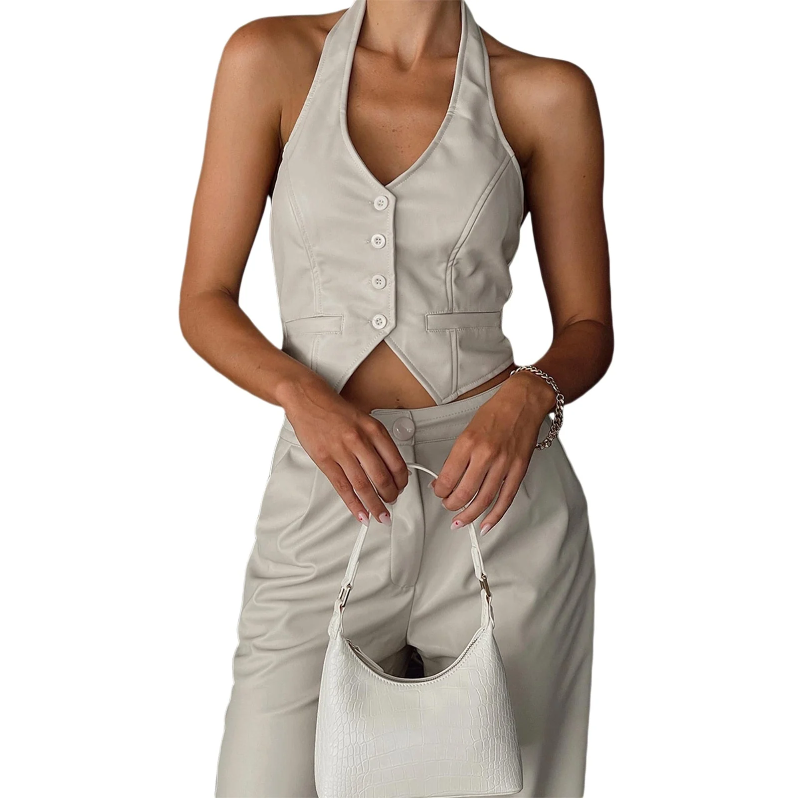 deanwangkt Women ButtonsTop Female Spaghetti Strap T-shirt Sexy Satin PU Crop Tops Cropped With Chest Padded Camisole Camis Female Camisole - Deanwangkt