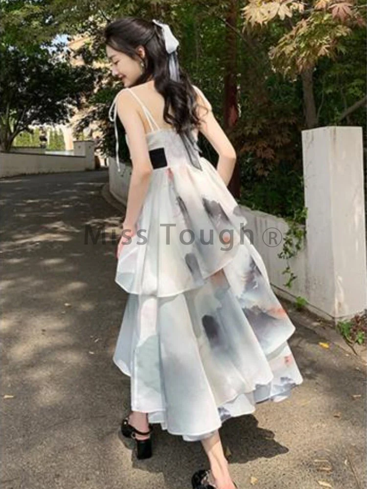 Joskka Vintage Elegant Strap Dress Women Print Korean Style Designer Party Midi Dress High Waist Casual France Fairy Dress Female - Deanwangkt