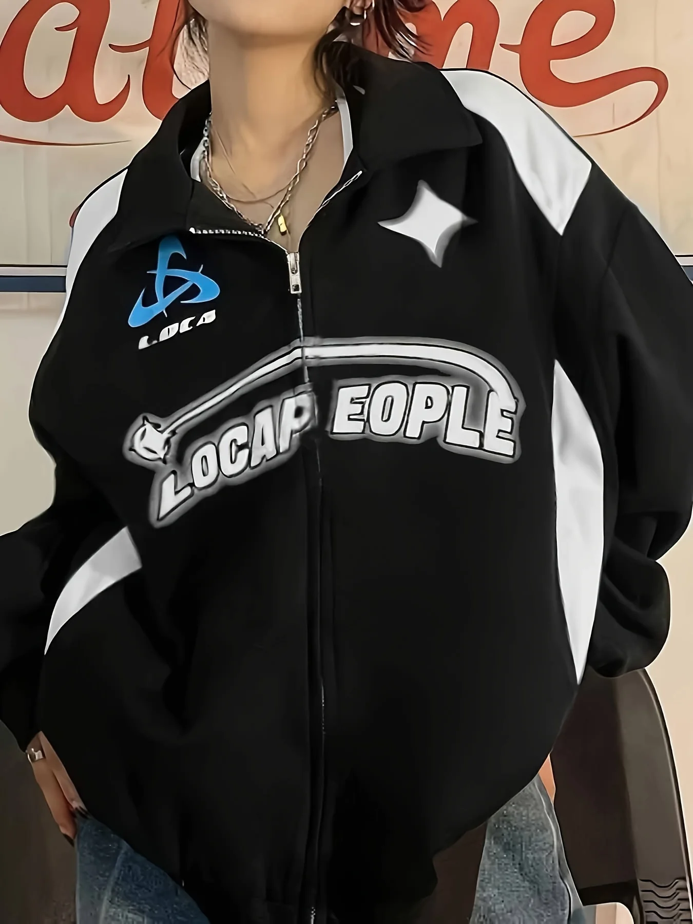 deanwangkt  Letter Print Color Block Sweatshirt, Y2K Pullover Half Zip Up Long Sleeve Lapel Sweatshirt For Fall & Winter, Women's Clothing - Deanwangkt