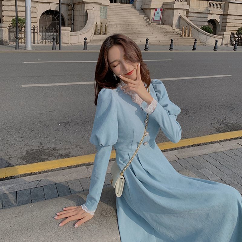 Joskka Spring Fall French Patchwork Dress Women Elegant Blue Lace Dress Female Puff Sleeve Kawaii Korean One-piece Dress - Deanwangkt