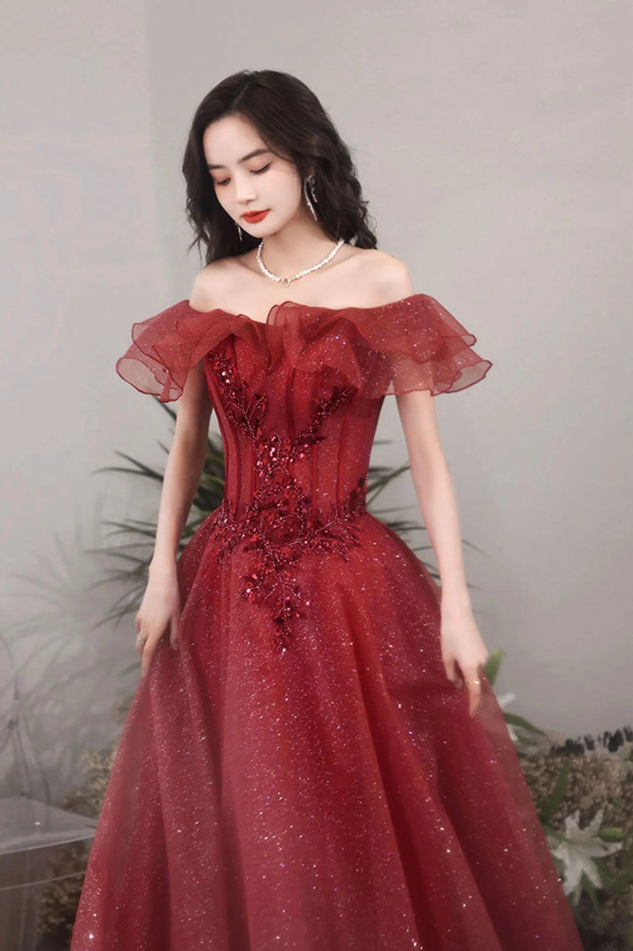 solvbao Burgundy Off the Shoulder Tulle Long Formal Dresses, A-Line Evening Dresses - Deanwangkt