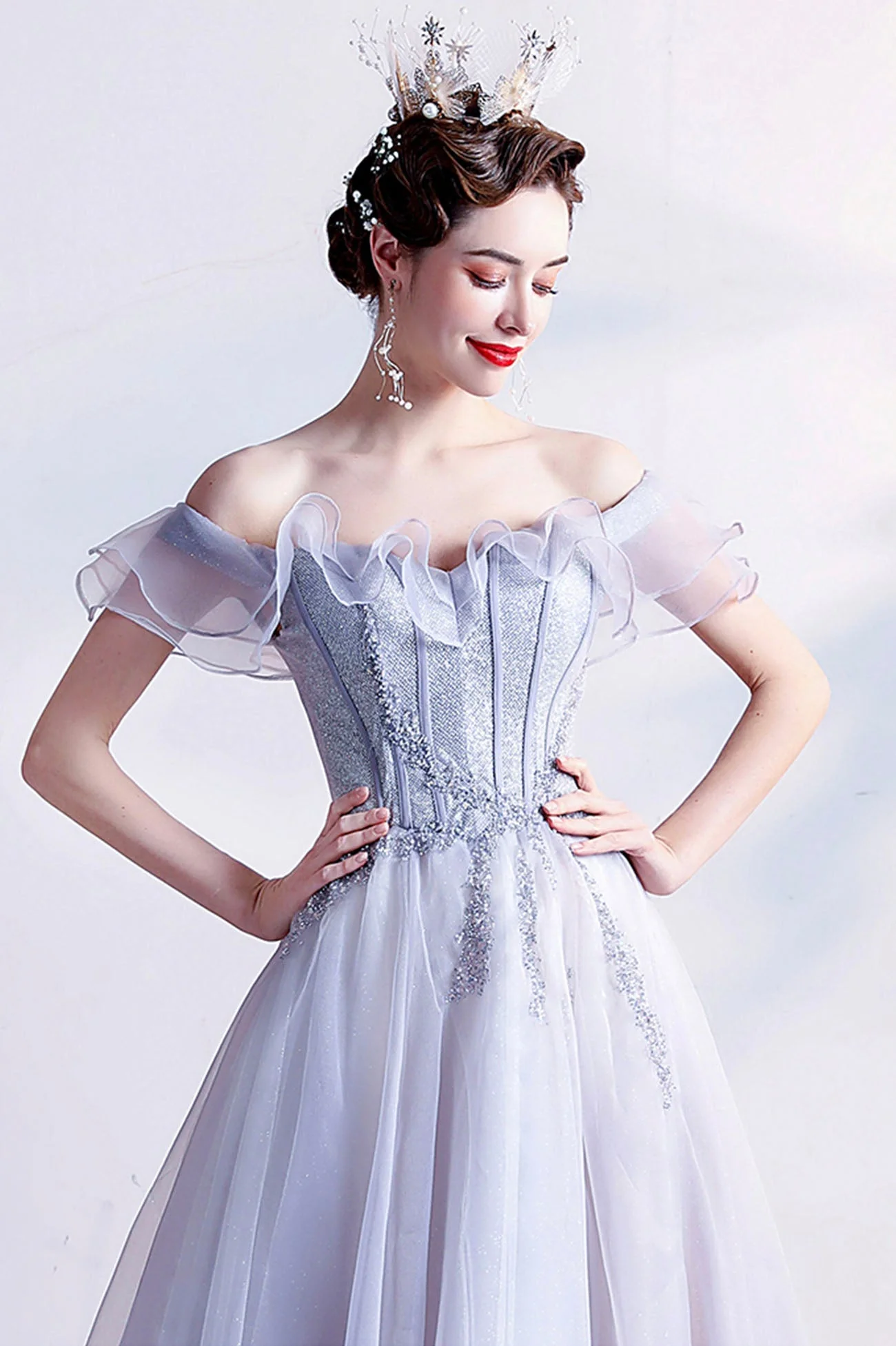 solvbao Gray Tulle Off the Shoulder Prom Dress, A-Line Evening Dress - Deanwangkt