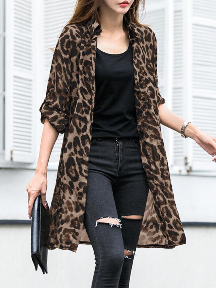 deanwangkt Long Sleeve Thin Light Chiffon Leopard Leisure Cardigan For Women - Deanwangkt