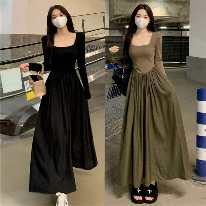 deanwangkt Spring  New Hepburn Style Gentle Temperament Pocket Waist Slim Panel Large Hemline Long Sleeve Dress - Deanwangkt