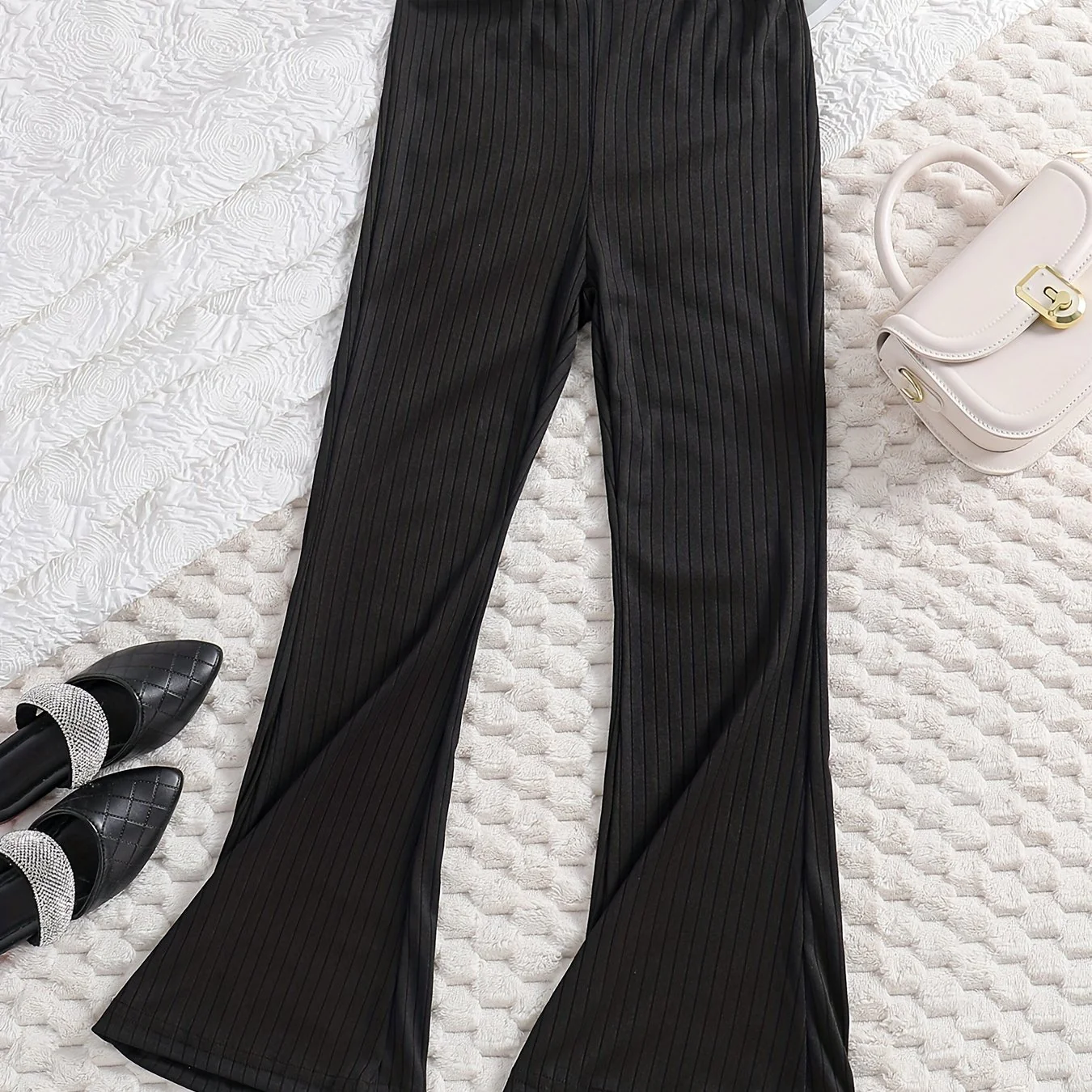 Girls' Elastic High Waist Flare Bell Bottom Ribbed Knit Long Pants. Kids Clothing - Deanwangkt