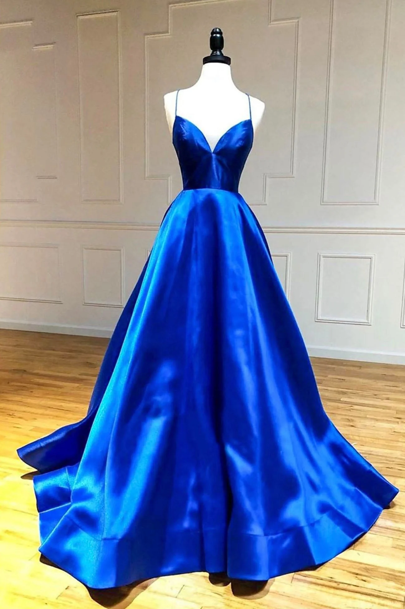solvbao Blue V-Neck Satin Long Prom Dresses, A-Line Backless Evening Dresses - Deanwangkt