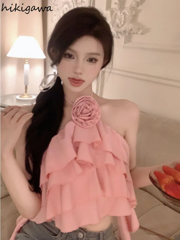 deanwangkt Crop Tops  Womens Blouses Fashion Clothing Ruffles Bandage Shirts Backless Slim Y2k Top Floral Summer Camis Ropa Mujer - Deanwangkt