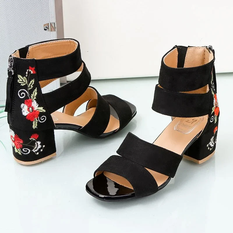 deanwangkt Summer Ethnic Style Embroidered Mid-heel Sandals Women  All-match Thick Heel Elegant Retro Open Toe Embroidered Shoes Women - Deanwangkt