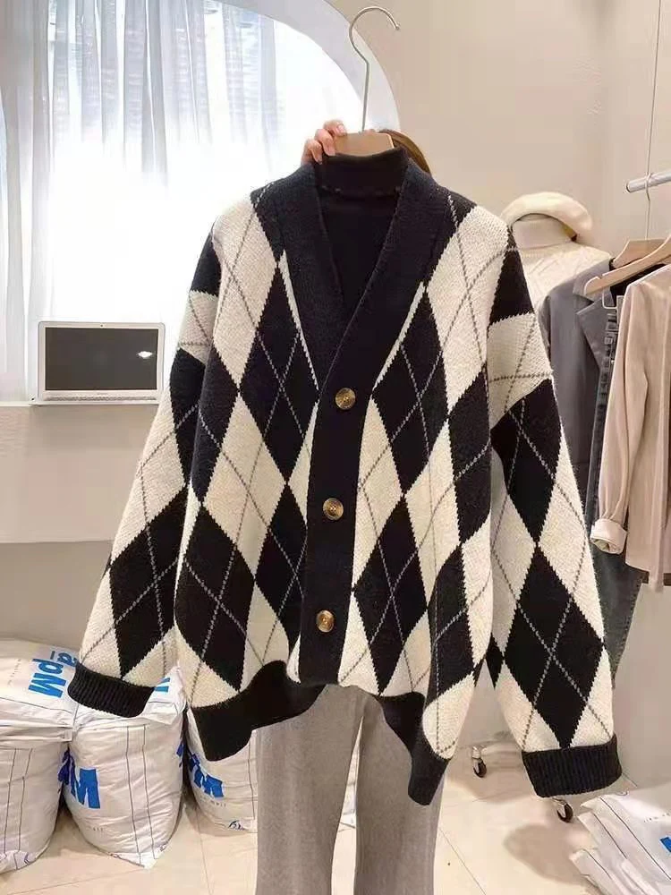 deanwangkt Korean Loose Winter Ladies Cardigan V-neck Check Plaid Coat Knitted Women's Sweater Long Sleeve Women Jacket QT1028 - Deanwangkt