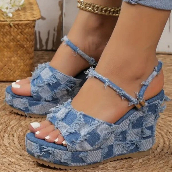 deanwangkt - Light Blue Casual Patchwork Fish Mouth Out Door Wedges Shoes - Deanwangkt