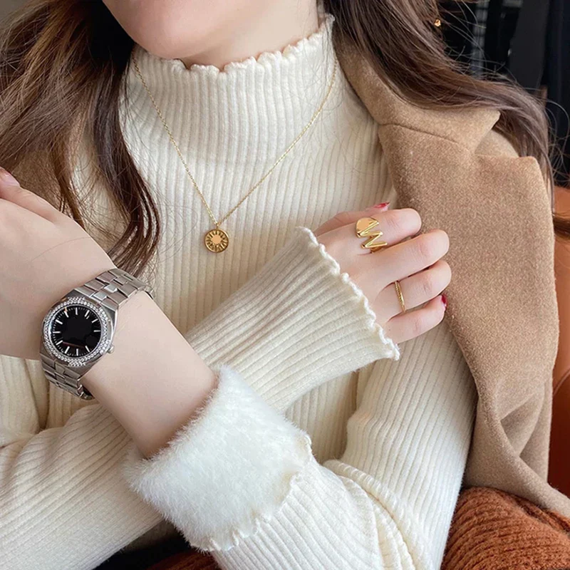 deanwangkt Women Ruffles Mock Neck Sweater Thicken Autumn Fleece Warm Thermal Pullover Cashmere Sweater For Women Winter - Deanwangkt