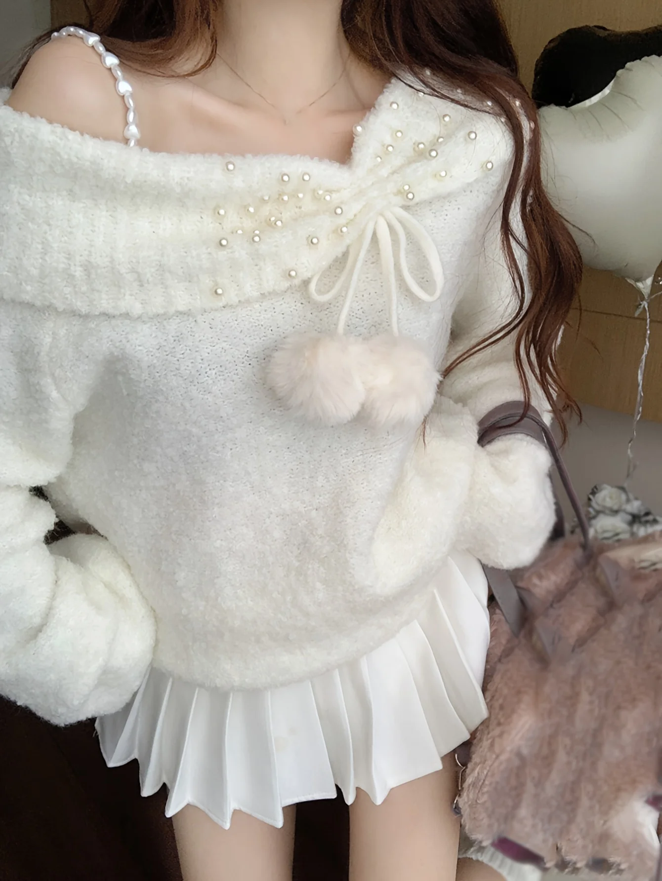 deanwangkt Asymmetric Shoulder Chain Strap Sweater, Chic Long Sleeve Beaded Sweater For Fall & Winter, Women's Clothing - Deanwangkt