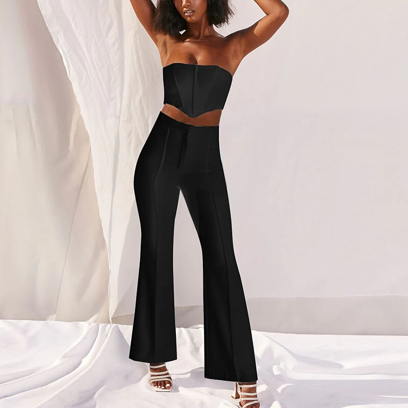 deanwangkt  Boned Corset Crop Top Two Piece Pants Set Women Strapless High Waist Flare Trousers 2 Piece Set Summer Long Suit Tracksuit - Deanwangkt