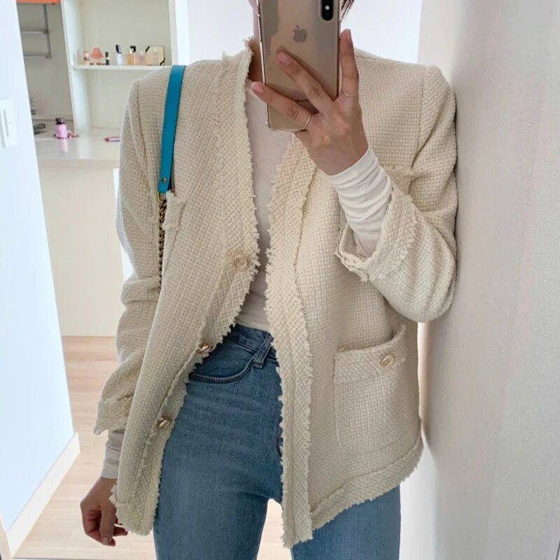 deanwangkt  Woman Jacket New Korea Elegant V-neck Edge Stitching Three Buttons Loose Pocket Tweed Short Coat Ladies Wear - Deanwangkt