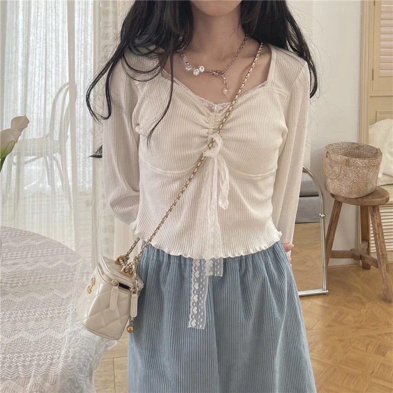 deanwangkt Autumn White Kawaii Lolita Female Blouse Lace Japanese Sweet Long Slevee Tops Women Knitted Casual Korean Designer Clothing - Deanwangkt