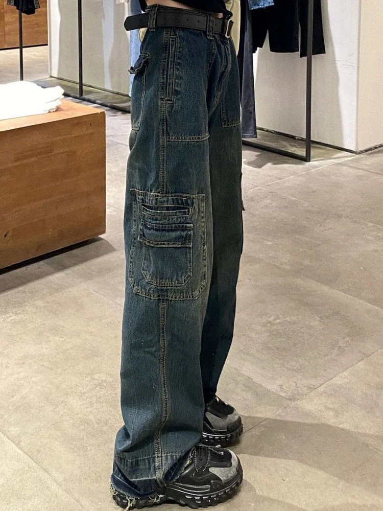 deanwangkt Y2K Women Korean Vintage Streetwear Baggy Cargo Jeans High Waist Straight Wide Leg Pants Denim Trousers Fairy Grunge Alt Clothes - Deanwangkt