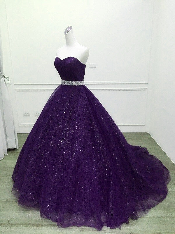 Solvbao Purple Gorgeous Shiny Tulle Beaded Sweetheart Ball Gown Formal Dresses, Purple Sweet 16 Dresses - Deanwangkt