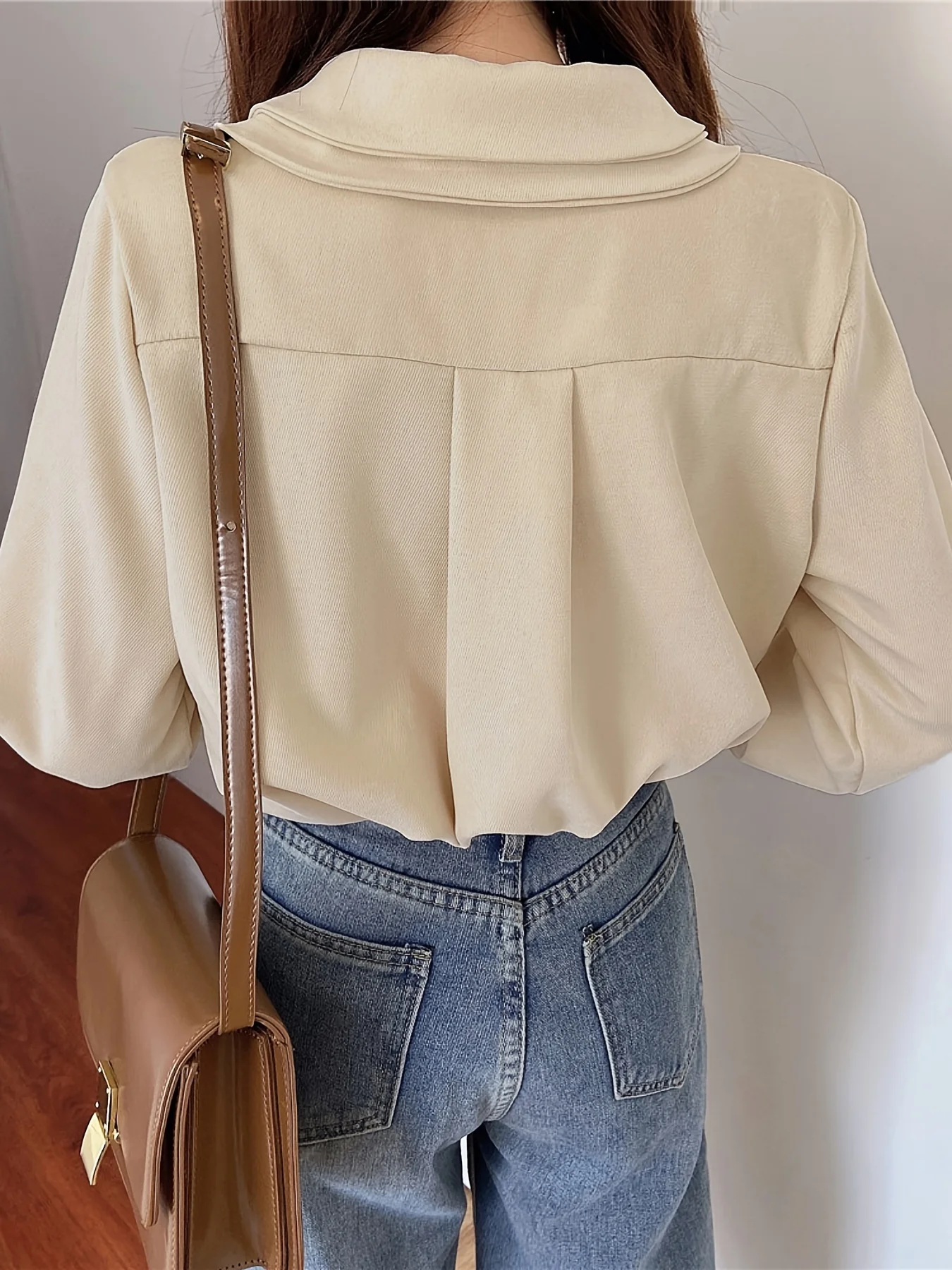 deanwangkt Solid Tie Front Button Blouse, Casual Long Sleeve Blouse For Spring & Fall, Women's Clothing - Deanwangkt