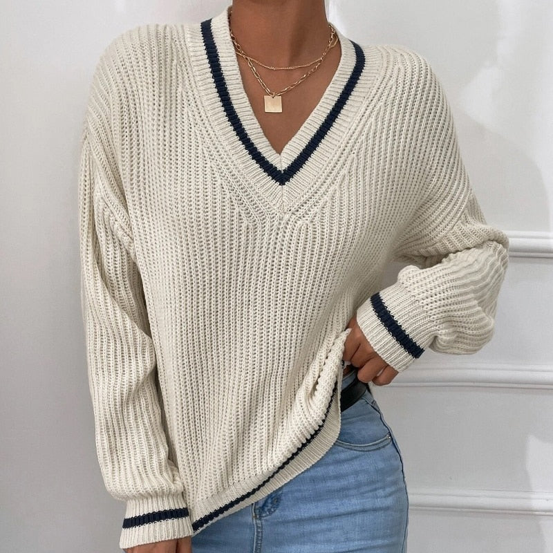 deanwangkt Casual Loose Knitted Sweater for Women Autumn Stripe V-Neck Sweater Winter Solid Soft Office Lady Pullover Fashion Jumper - Deanwangkt