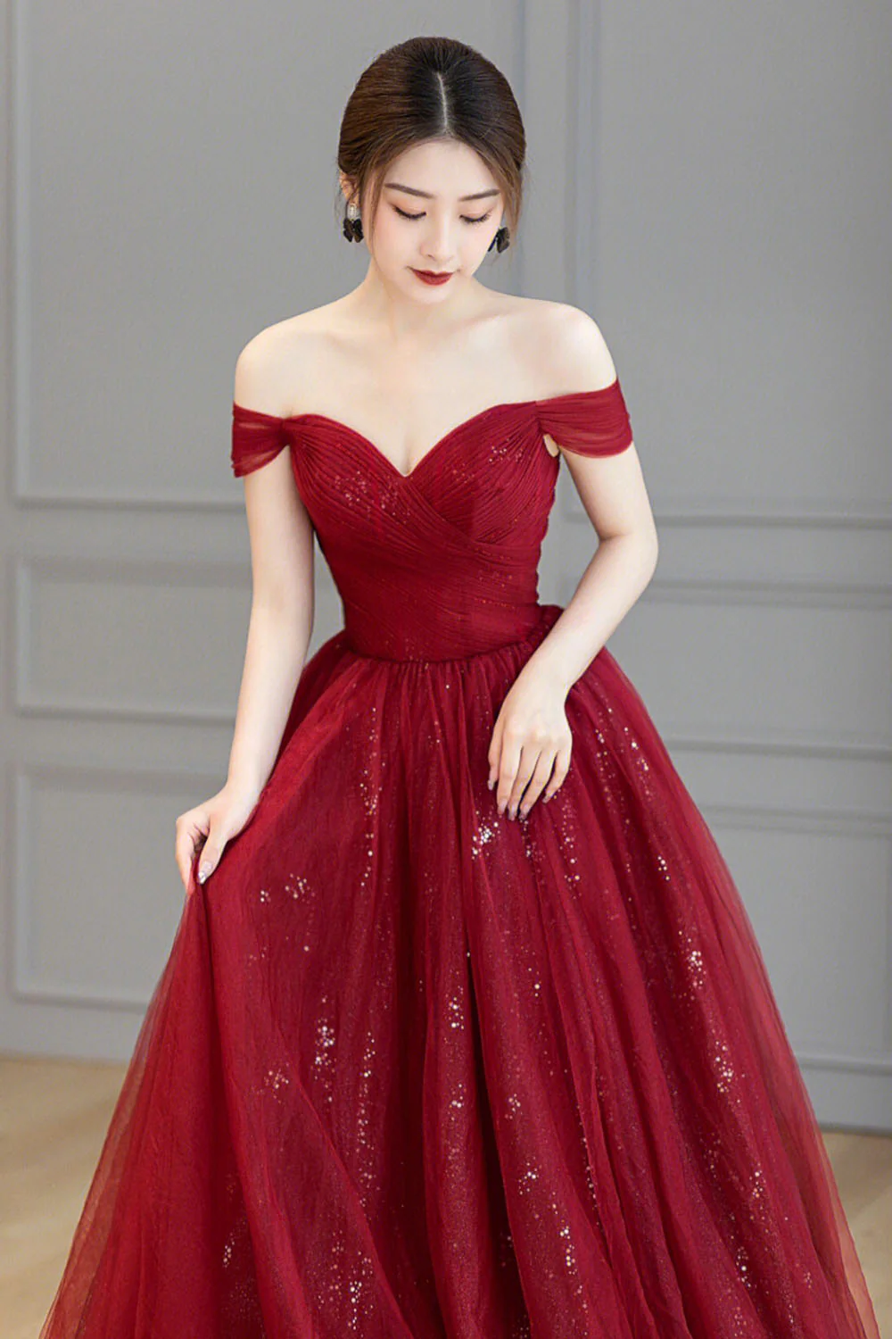 solvbao Burgundy Tulle Long Prom Dress, A-Line Off the Shoulder Evening Dress - Deanwangkt