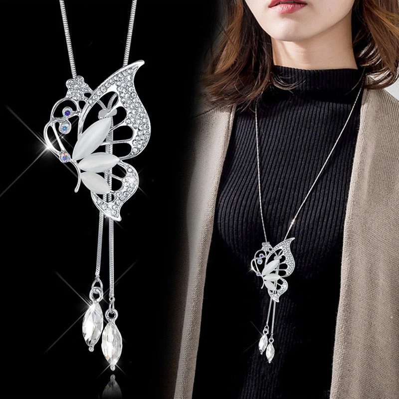 DEANWANGKT Fashion Long Chain Sweater Necklaces & Pendants for Women Blue Opal Rhinestone Flower Pendant Necklace Female Jewelry - Deanwangkt