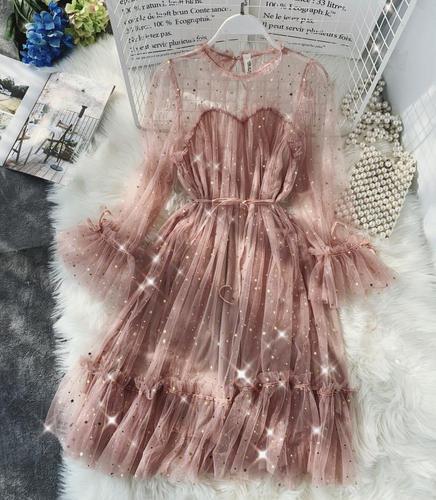 New Female O-neck Stars Sequined Mesh Shiny Fairy Dress Women Elegant Bling Gauze Princess Puff Dresses Vestidos De Fiesta - Deanwangkt