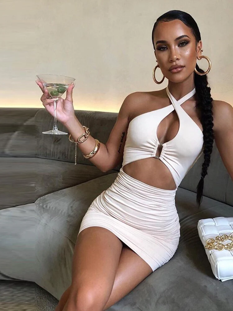 deanwangkt Summer Halter Neck Dress Bodycon Women Orange Hollow Out Beach Party Sleevelss Backless White Mini Sexy Dresses - Deanwangkt