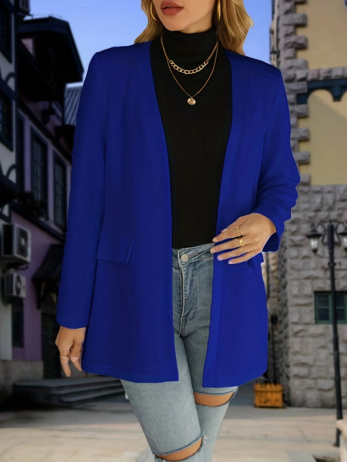 deanwangkt-1 Solid Open Front Blazer, Casual Long Sleeve Work Office Outerwear, Women's Clothing - Deanwangkt