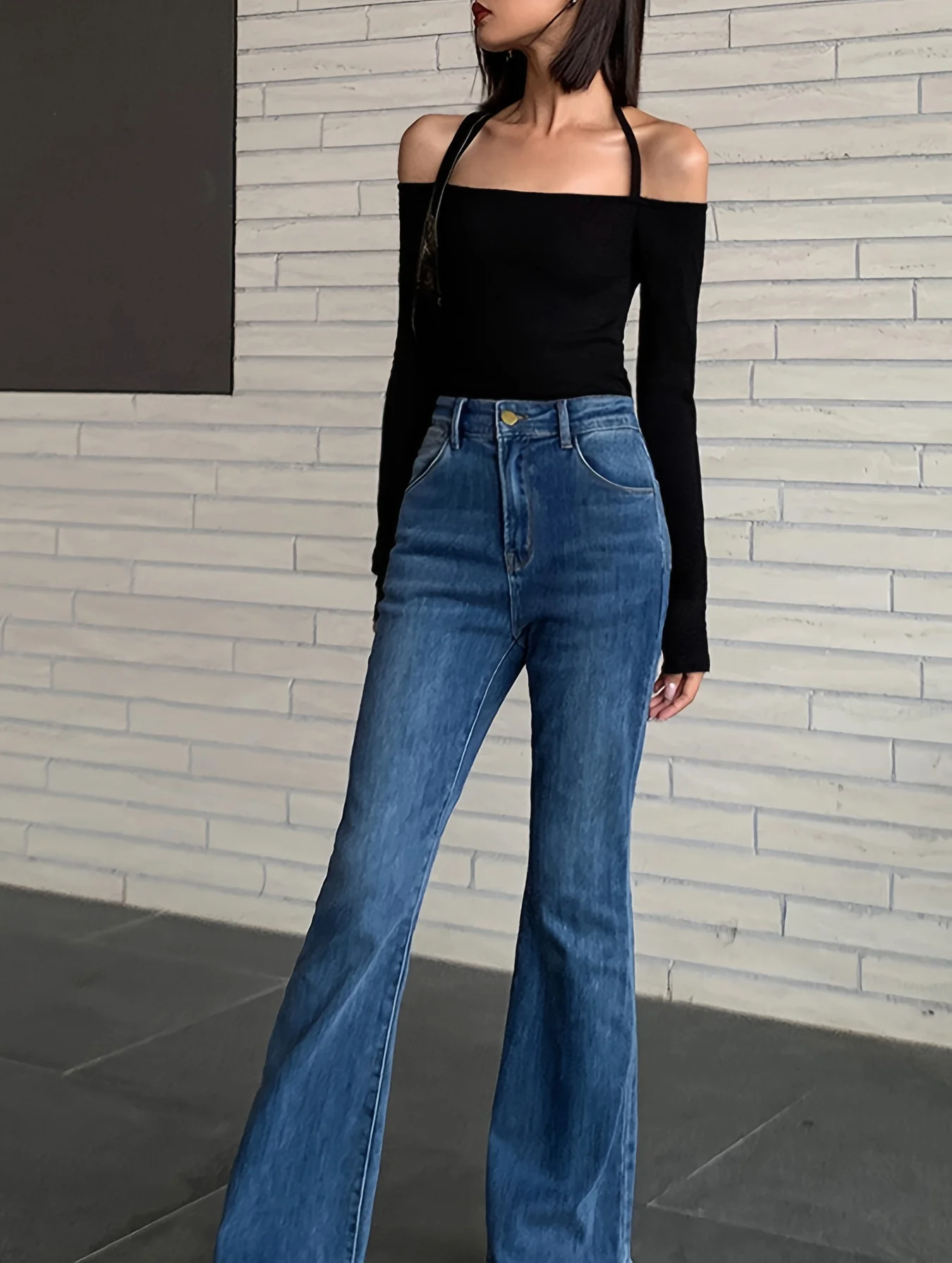 deanwangkt  Halter Neck Solid T-Shirt, Casual Long Sleeve Top For Spring, Women's Clothing - Deanwangkt