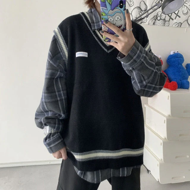 deanwangkt Sweater Vest Men V-neck Shrug Patchwork Knitted Couples Ins Plus Size 3XL Oversize Harajuku Vests Ins Chic Korean Style Leisure - Deanwangkt