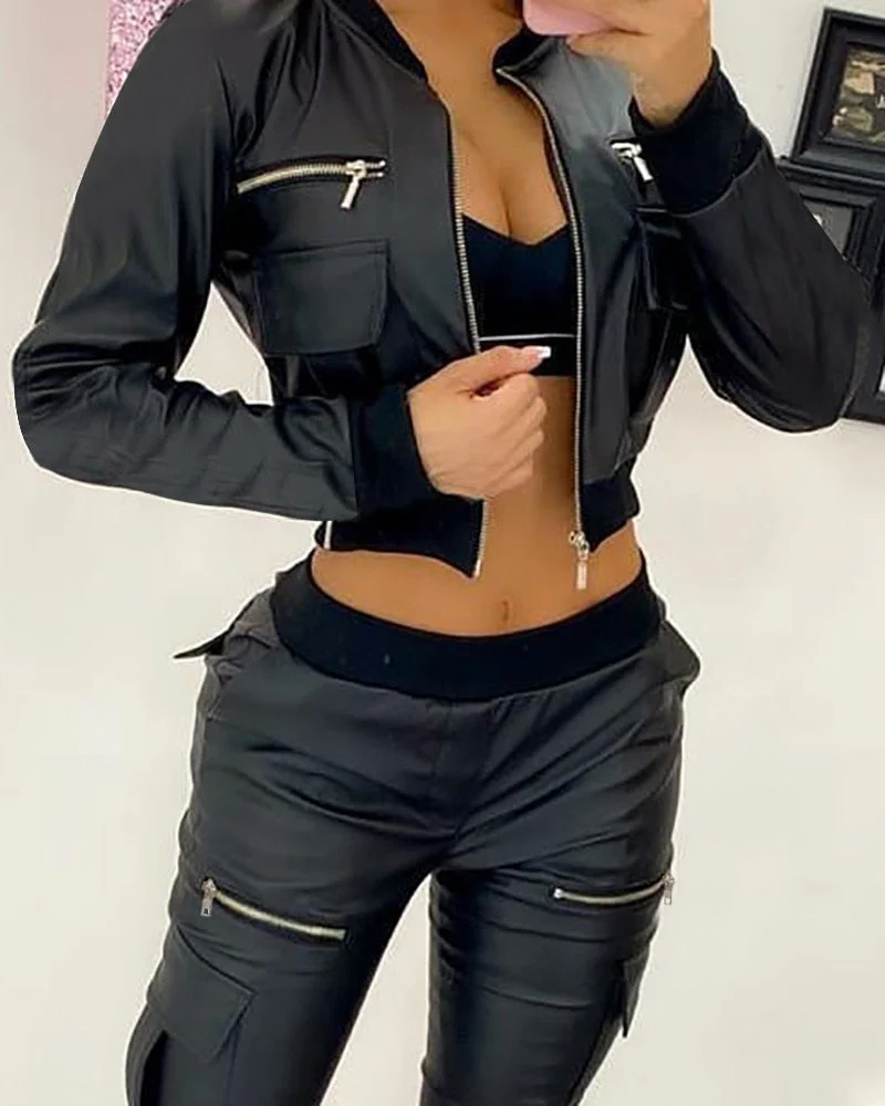 deanwangkt Winter Autumn Women PU Leather Zipper Front Short Jacket  Femme Patchwork Pocket Design Coat Lady Outfits Cool Clothing y2k - Deanwangkt