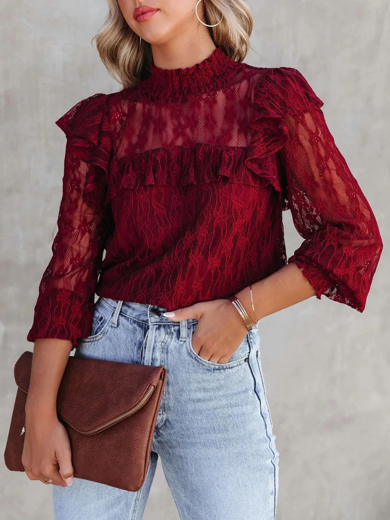 deanwangkt-1 Women's T-shirt Solid Color Fashion Sexy Chain Links Hollow Lace Ruffles High Neck Long Sleeve T-shirt - Deanwangkt