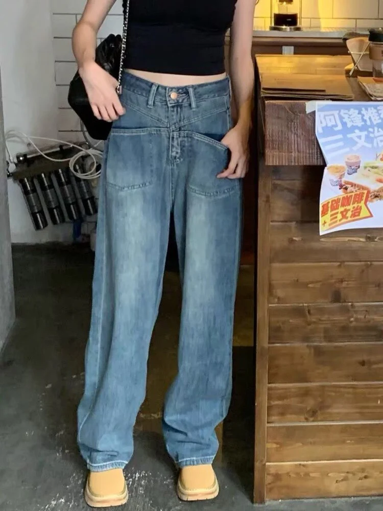 deanwangkt Retro Blue Distressed Korean Version High-waisted High-straight Design Loose Jeans - Deanwangkt