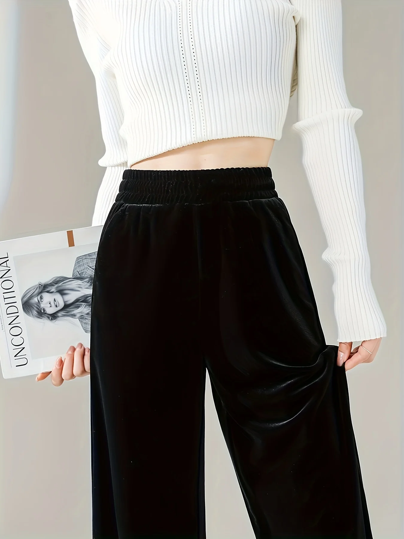 Solid Velvet Straight Leg Pants, Casual Elastic Waist Loose Pants, Women's Clothing - Deanwangkt