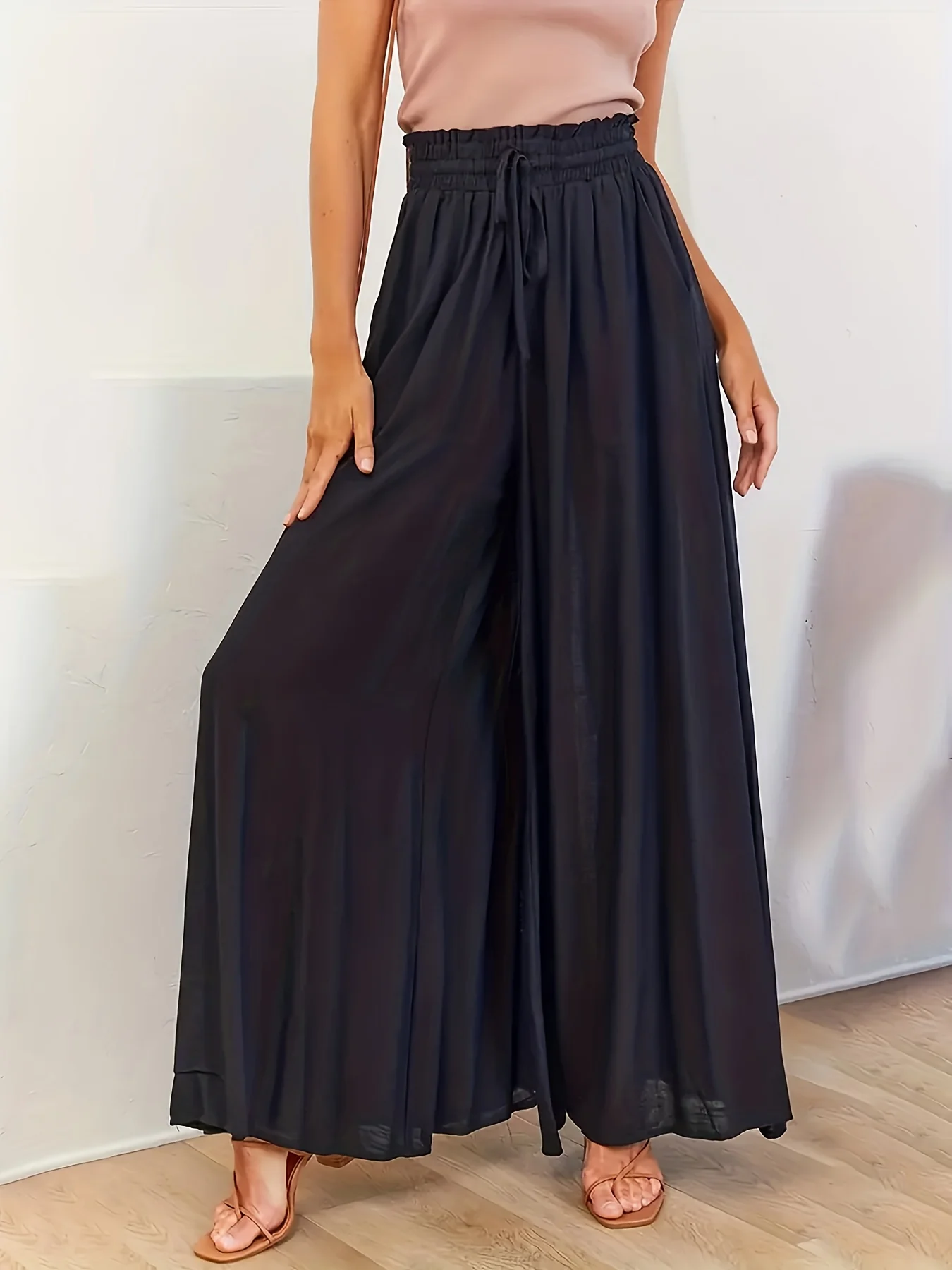 Solid Drawstring Culottes, Casual Wide Leg Summer Pants With Pockets, Women's Clothing - Deanwangkt