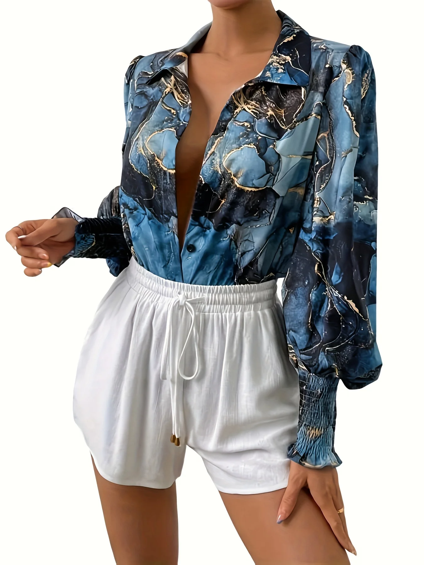 Plus Size elegant Blouse, Women's Plus Marble Print Lantern Sleeve Button Up Lapel Collar Shirt Top - Deanwangkt