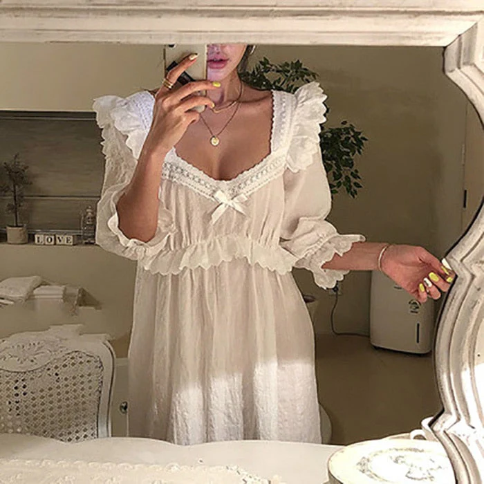 deanwangkt  New Women's Lolita Dress White Lace Square Neck Princess Sleepshirts Vintage Ladies Nightgowns Nightdress Cute Lounge Sleepwear - Deanwangkt