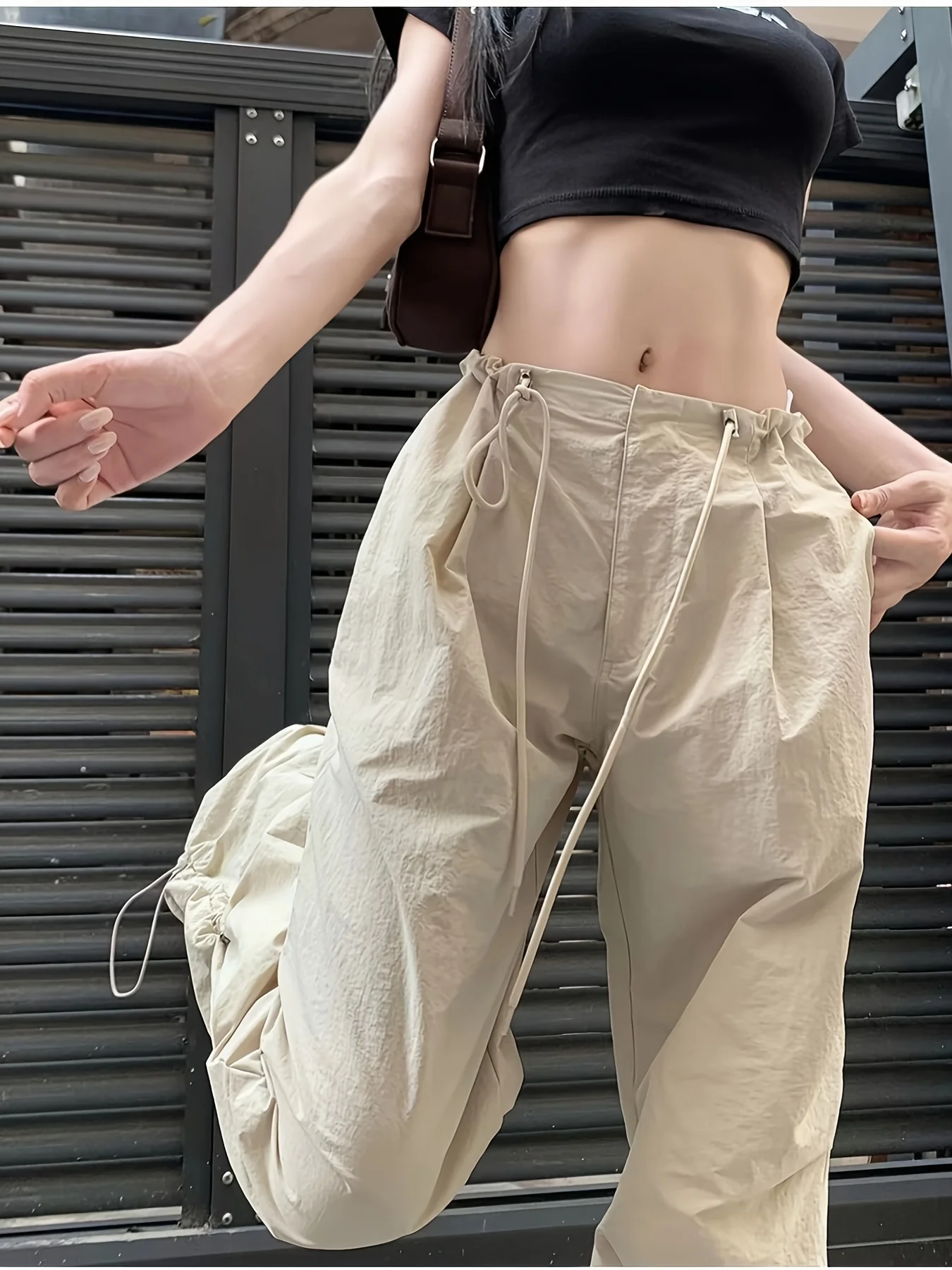 deanwangkt  Solid Drawstring Ruched Cargo Pants, Casual Baggy Streetwear Pants With Pocket, Women's Clothing - Deanwangkt