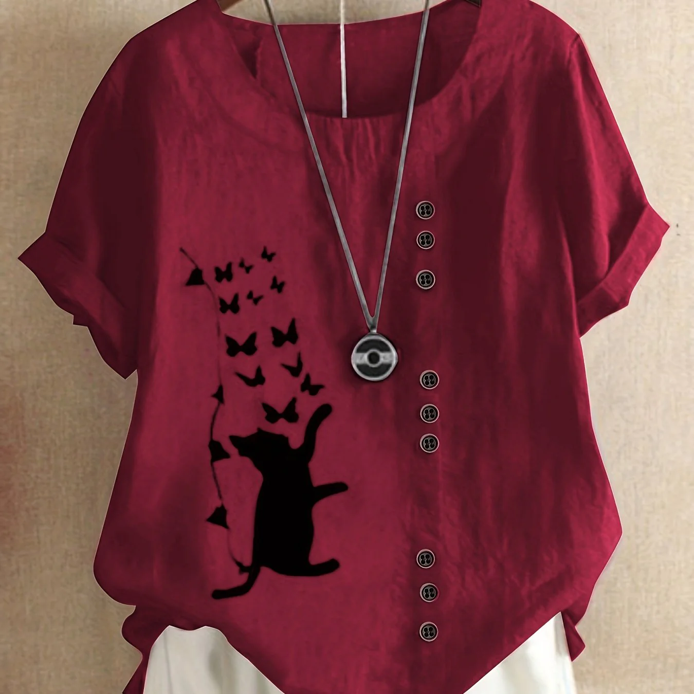 Dandelion Print Button Front Blouse, Casual Short Sleeve Blouse For Spring & Summer, Women's Clothing - Deanwangkt