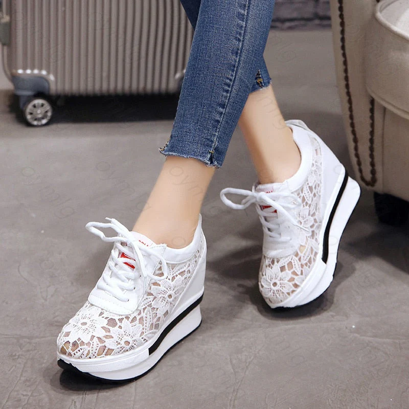 deanwangkt Christmas Gift Hot Sales  Summer New Lace Breathable Sneakers Women Shoes Comfortable Casual Woman Platform Wedge Shoes - Deanwangkt