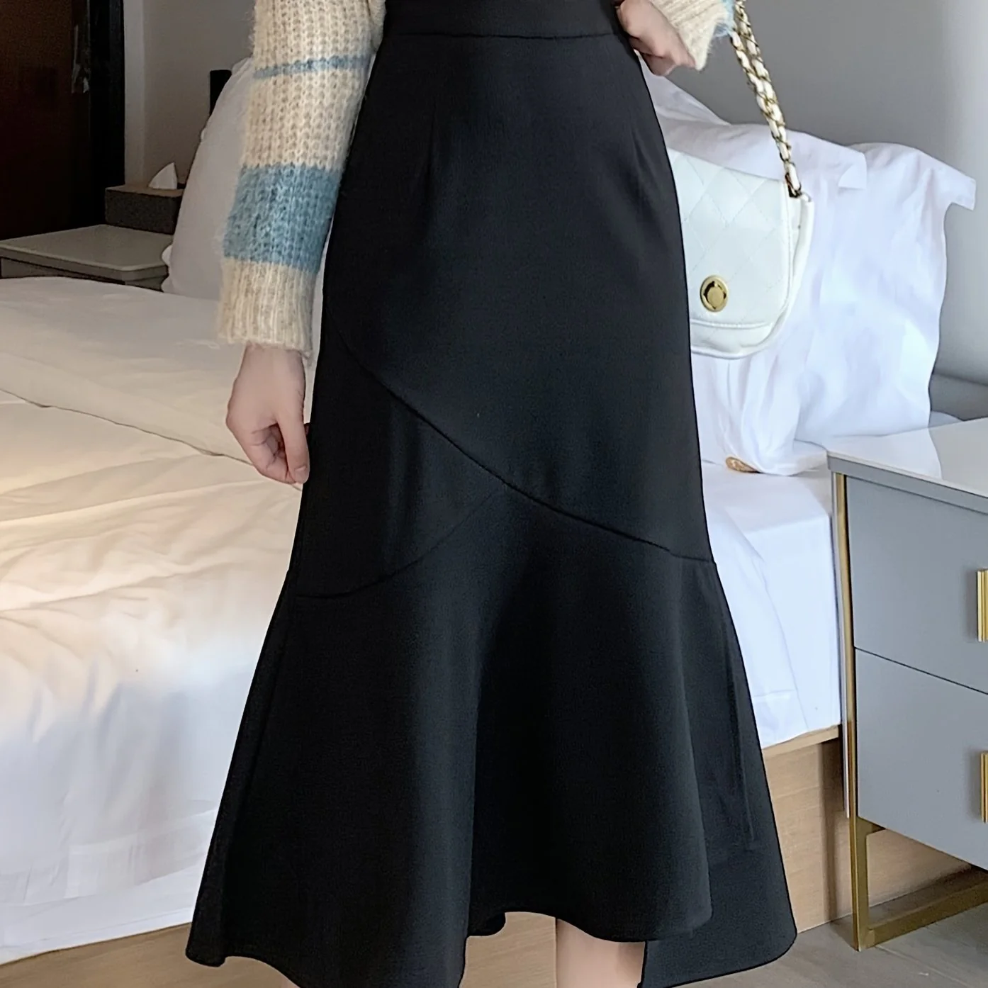 Solid High Waist Fashion Skirt, Elegant Ruffle Hem Midi Skirt, Women's Clothing - Deanwangkt