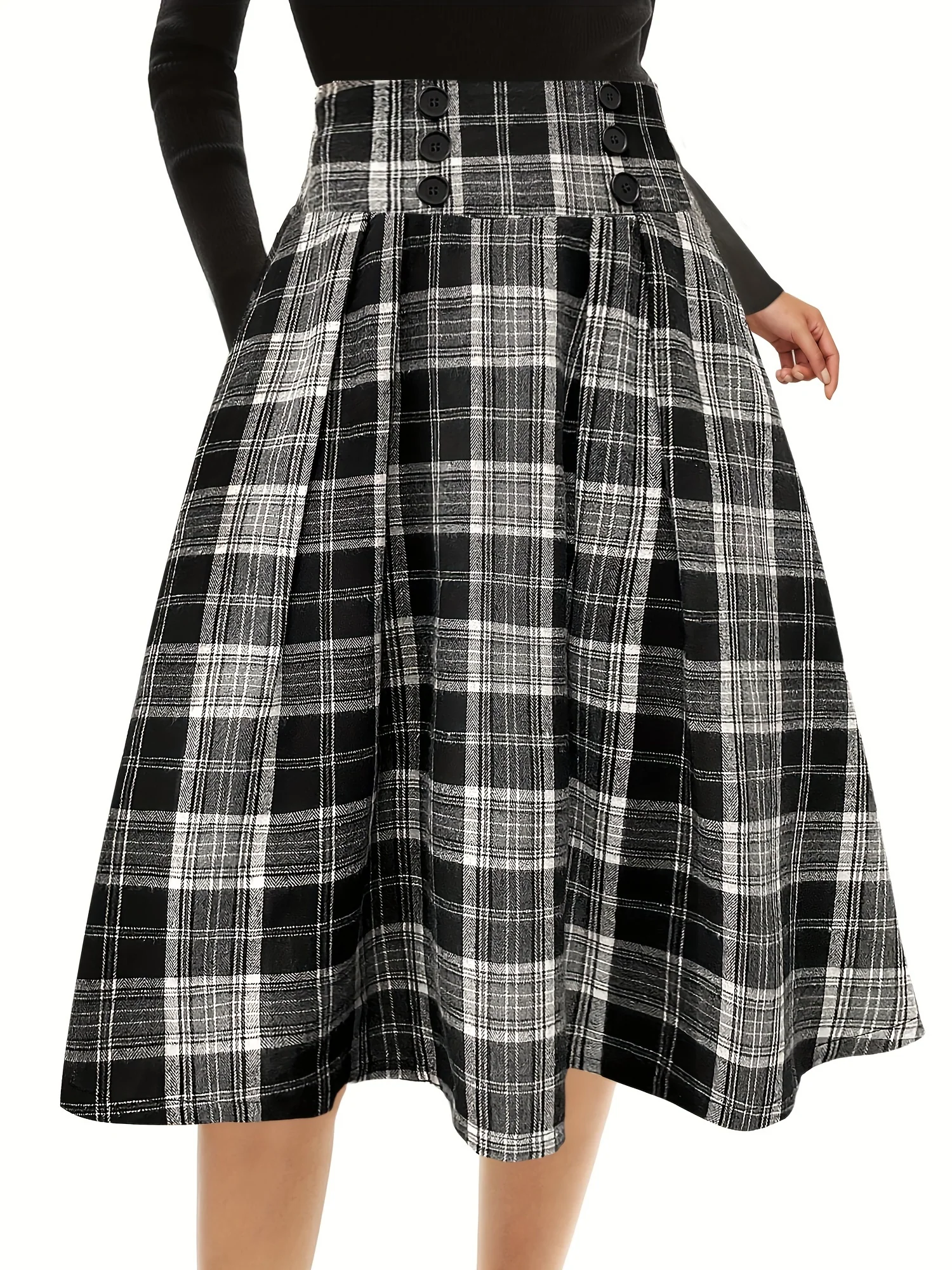 deanwangkt-1 Plaid Print High Waist Button Skirt, Elegant A Line Flare Midi Skirt, Women's Clothing - Deanwangkt