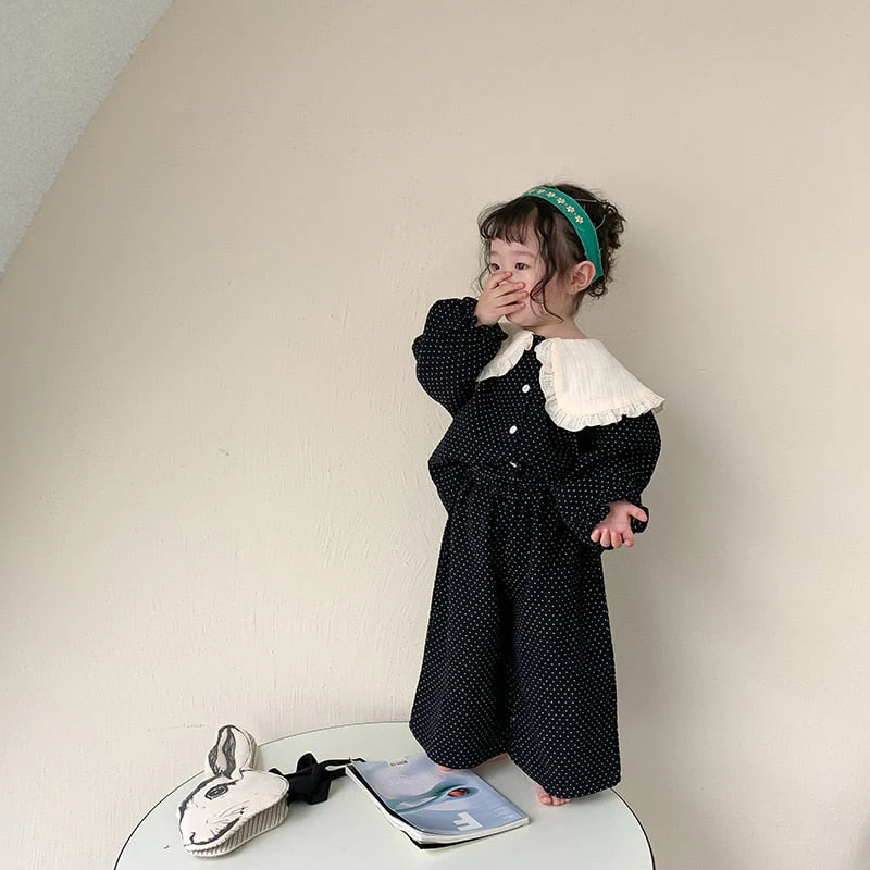 deanwangkt  Spring cute baby girl polka dot black outfits Girls fashion big turn-down collar shirt and wide leg pants 2pcs sets Kids clothes - Deanwangkt