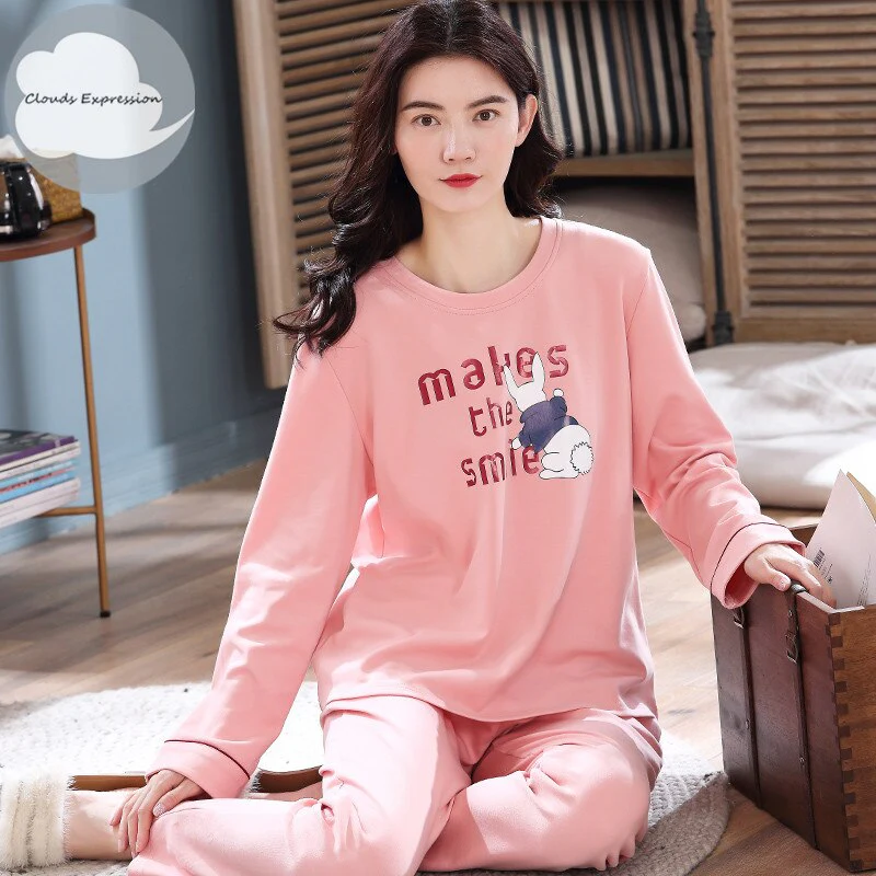 Spring Autumn Women's Sleep Lounge Pajama Long Sleeved Woman Pajama Set Cartoon Pyjamas Cotton Sleepwear M L XL XXL XXXL Fashion - Deanwangkt