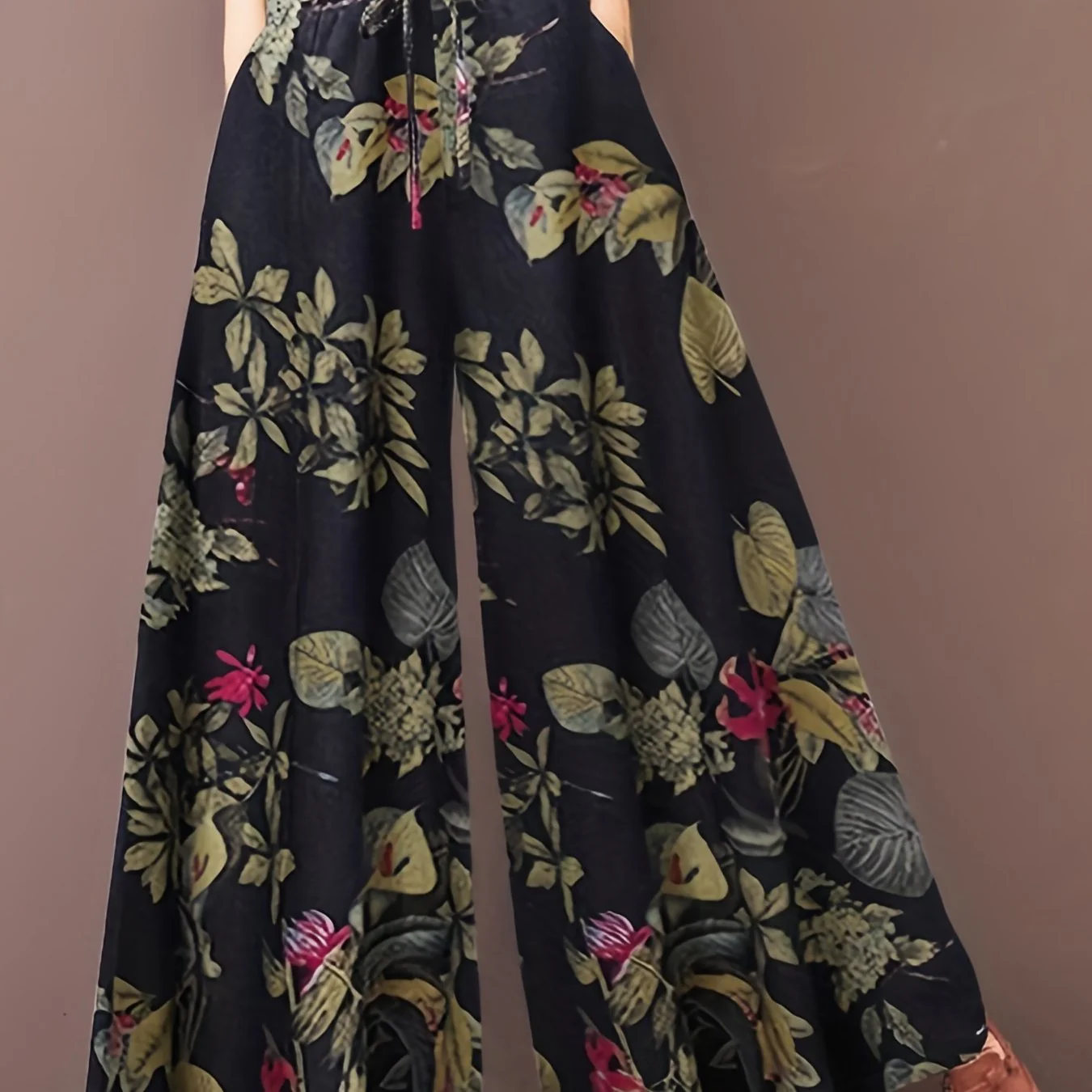 Plus Size Elegant Pants, Women's Plus Floral Print Drawstring Elastic Wide Leg Pants - Deanwangkt